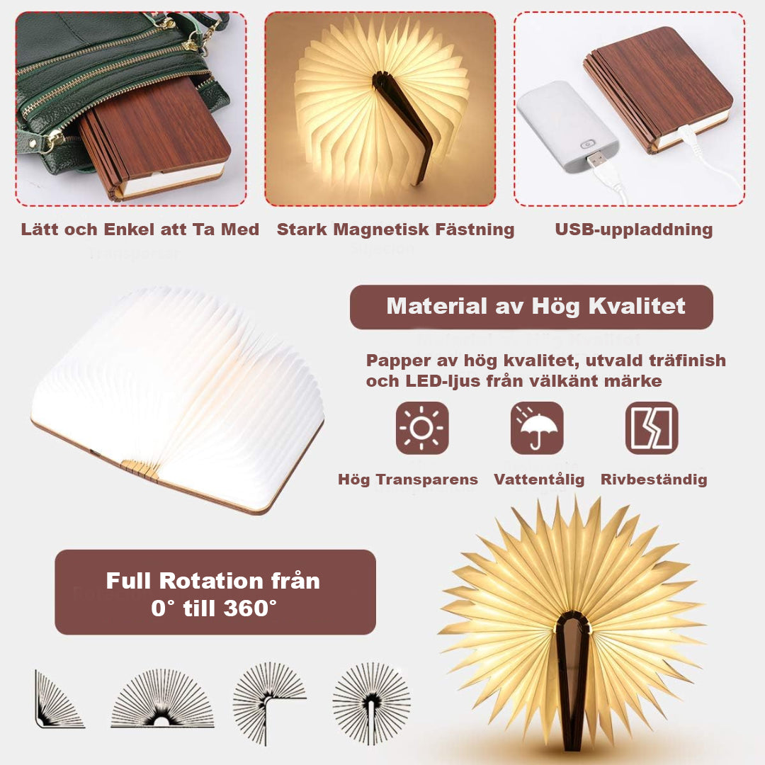 GlowBook – Vikbar LED Boklampa i Trä
